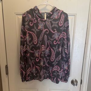 Black Paisley Hooded Pullover Sweatshirt with Pink Accents